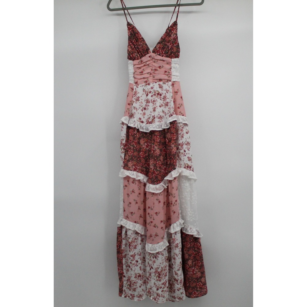 Altar'd State Floral Patchwork Maxi Dress Pink Lace Trim Cottagecore XS Romantic - Picture 2 of 12